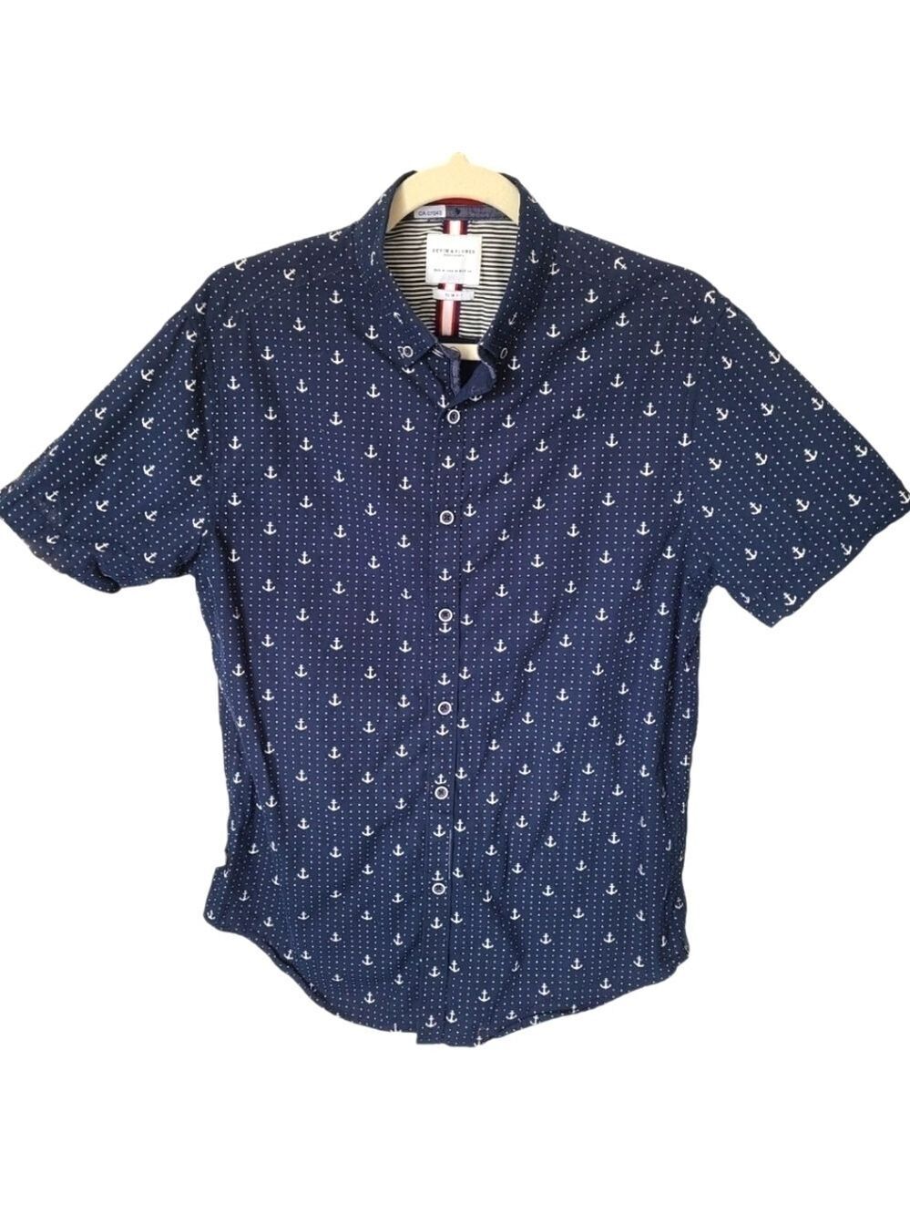 RICKY SINGH Men's Nautical Blue Short Sleeve Button Down Shirt Size Med